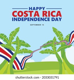 Costa Rica independence day illustration with a long flag and banana trees. Central American country public holiday.