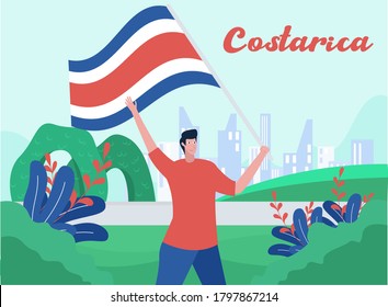 Costa Rica Independence Day vector concept: portrait of man waving Costa Rica national flag happily at the Zarcero Park