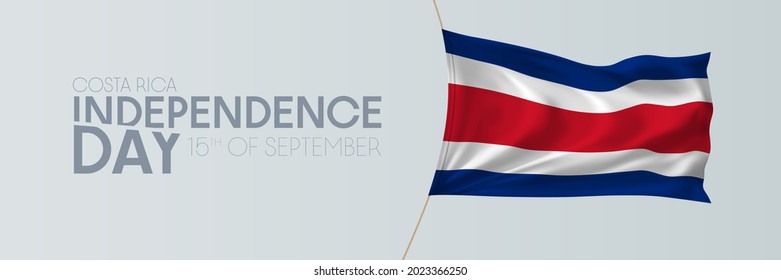 Costa Rica independence day vector banner, greeting card. Costa Rican wavy flag in 15th of September national patriotic holiday horizontal design