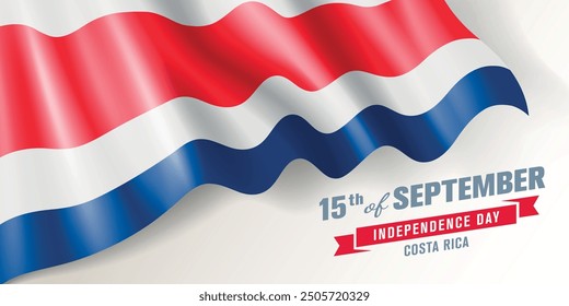 Costa Rica independence day vector banner, greeting card. Costa Rican wavy flag in 15th of September national patriotic holiday horizontal design