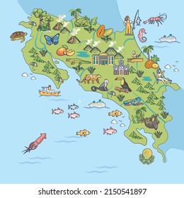 Costa rica island geography wildlife and nature explanation outline map. Caribbean sea country topography land borders with detailed republic surface vector illustration. Environment overview drawing.