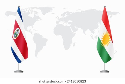 Costa Rica and Kurdistan flags for official meeting against background of world map.