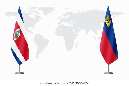 Costa Rica and Liechtenstein flags for official meeting against background of world map.