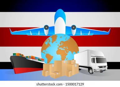 Costa Rica logistics concept illustration. National flag of Costa Rica from the back of globe, airplane, truck and cargo container ship
