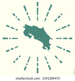 Costa Rica Logo. Grunge sunburst poster with map of the country. Shape of Costa Rica filled with hex digits with sunburst rays around. Trendy vector illustration.