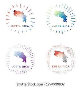 Costa Rica low poly sunburst set. Logo of country in geometric polygonal style. Vector illustration.