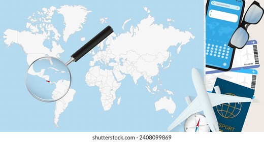 Costa Rica is magnified over a World Map, illustration with airplane, passport, boarding pass, compass and eyeglasses. Vector illustration.