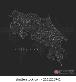 Costa Rica map abstract geometric mesh polygonal light concept with black and white glowing contour lines countries and dots on dark background. Vector illustration.