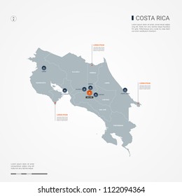 Costa Rica map with borders, cities, capital San Jose and administrative divisions. Infographic vector map. Editable layers clearly labeled.