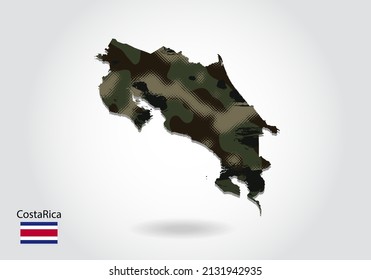 costa Rica map with camouflage pattern, Forest - green texture in map. Military concept for army, soldier and war. coat of arms, flag.