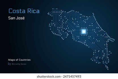 Costa Rica Map with a capital of San Jose Shown in a Microchip Pattern with processor. E-government. World Countries vector maps. Microchip Series	