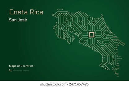 Costa Rica Map with a capital of San Jose Shown in a Microchip Pattern with processor. E-government. World Countries vector maps. Microchip Series	