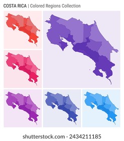 Costa Rica map collection. Country shape with colored regions. Deep Purple, Red, Pink, Purple, Indigo, Blue color palettes. Border of Costa Rica with provinces for your infographic.