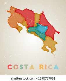 Costa Rica map. Country poster with colored regions. Old grunge texture. Vector illustration of Costa Rica with country name.