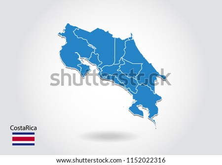 Costa Rica map design with 3D style. Blue Costa Rica map and National flag. Simple vector map with contour, shape, outline, on white.