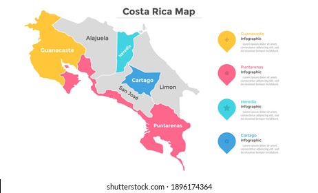 Costa Rica map divided into federal states. Territory of country with regional borders and administrative division. Infographic design template. Vector illustration for touristic guide, banner.