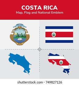 Costa Rica Map, Flag and National Emblem 