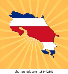 Costa Rica map and flag on sunburst illustration