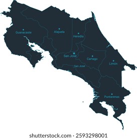 Costa Rica map high detailed with administrative divide by state, capital cities names, outline simplicity style. Vector illustration EPS10.