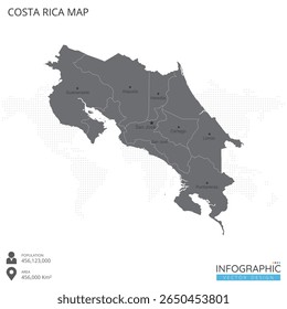 Costa Rica map high detailed with regions and cities of the country on white background. Vector illustration EPS10.