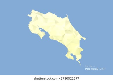 Mapa de Costa Rica en estilo de Vector de polígono de polietileno bajo, ilustración de forma geométrica con tonos amarillos suaves sobre fondo azul, silueta limpia para infografía.