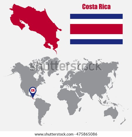 Costa Rica map on a world map with flag and map pointer. Vector illustration