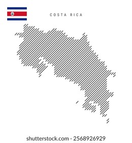 Costa Rica map from pattern of black slanted parallel lines. Costa Rican map with gray diagonal lines. Silhouette of a country made of oblique hatching. Vector illustration isolated on white.