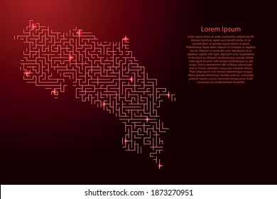 Costa Rica map from red pattern of the maze grid and glowing space stars grid. Vector illustration.