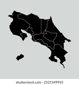 Mapa de Costa Rica con regiones aisladas sobre fondo blanco. Mapa de Costa Rica. Ilustración vectorial