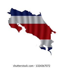 Costa Rica map with rippled flag on white illustration. Waving Fabric Flag Map of Costa Rica. Map of South America. Vector White Background. Vector illustration eps10.