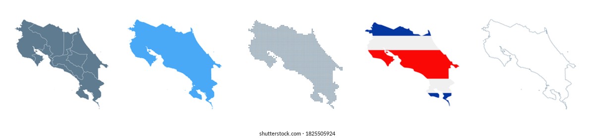 Costa Rica Map Set - Vector Solid, Contour, Regions, Flag, Pixels