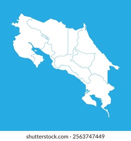 The Costa Rica map shows the geographic area of ​​the small Central American country known for its biodiversity and natural beauty.