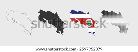 Costa Rica map in various style outline, grey, flag color, dotted