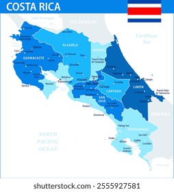 Costa Rica Map Vector Blue Spot - Customizable layered political map of Costa Rica with administrative divisions for website, education, reports, news, politics, print, poster and wallpaper