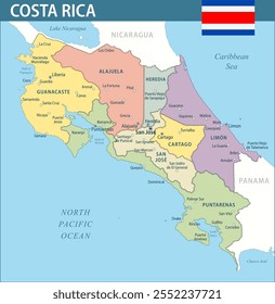 Costa Rica Map Vector New 2024 Colorful - Customizable layered political map of Costa Rica with administrative divisions for website, education, reports, news, politics, print, poster and wallpaper