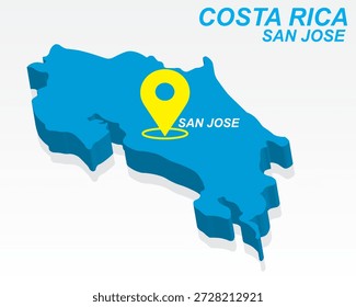 Vetor do mapa de Costa Rica, San Jose Capital City Marker on Blue 3D Country Shape, Costa Rica Infográfico Design, Ponteiro de destino editável Costa Rica Geografia