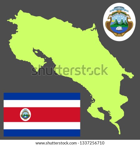 Costa Rica map vector silhouette illustration isolated on background. Central America country. Costa Rica flag vector and national coat of arms.