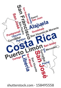 Costa Rica map and words cloud with larger cities