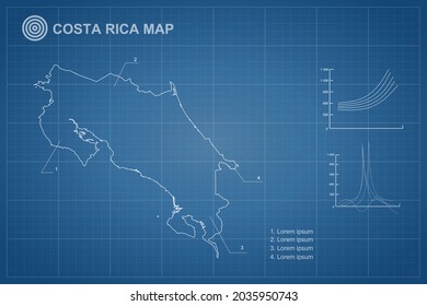 Costa Rica Map - World Map International vector template with outline style and white color isolated on blueprint background - Vector illustration eps 10