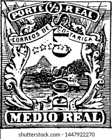 Costa Rica Medio Real Stamp in 1882, vintage illustration.