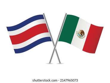 Costa Rica and Mexico crossed flags. Costa Rican and Mexican flags on white background. Vector icon set. Vector illustration.