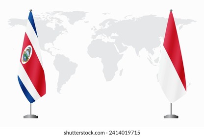 Costa Rica and Monaco flags for official meeting against background of world map.