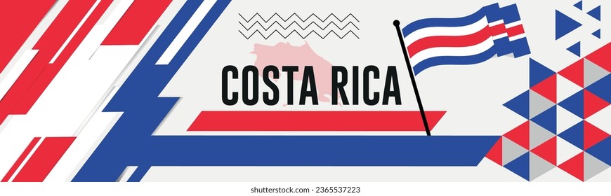 Costa Rica national day banner with map, flag colors theme background and geometric abstract retro modern black Blue red design. abstract modern design.