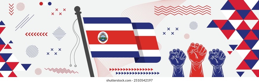 Costa Rica national day banner featuring the Costa Rica flag with a map and a blue and red background, celebrating the nation's independence and rich cultural heritage with patriotic pride