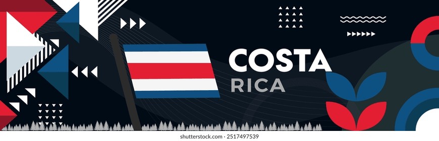 Costa Rica National day banner with abstract shapes. Costa Rican flag and map. Arenal volcano landmark. Vector Illustration