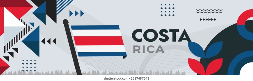 Costa Rica National day banner with abstract shapes. Costa Rican flag and map. Arenal volcano landmark. Vector Illustration