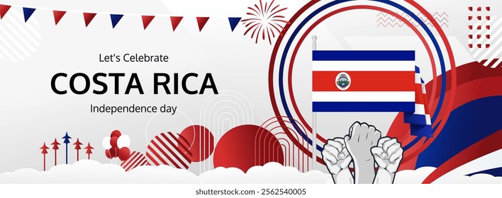 Costa Rica National Day greeting banner. September 15th is celebrated as Costa Rica Independence Day every year. Abstract template with flag and raised fist. National holiday illustration concept.