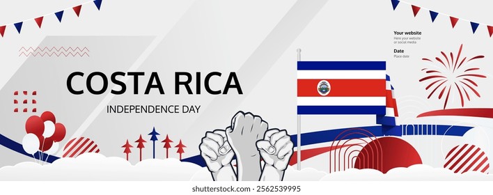 Costa Rica National Day horizontal design banner with raised hands and country flag to celebrate September 15th proudly. Happy Costa Rica Independence Day