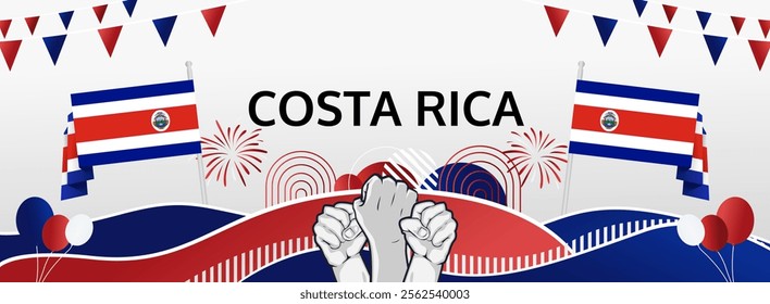 Costa Rica National Day horizontal design banner with raised hands and country flag to celebrate September 15th proudly. Happy Costa Rica Independence Day