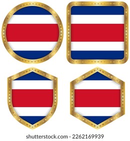 Costa Rica National Flag Collection Set of Circular, Square, Shield, Hexagon Gold Border Logo Button Icon Vector Design Isolated on White Background